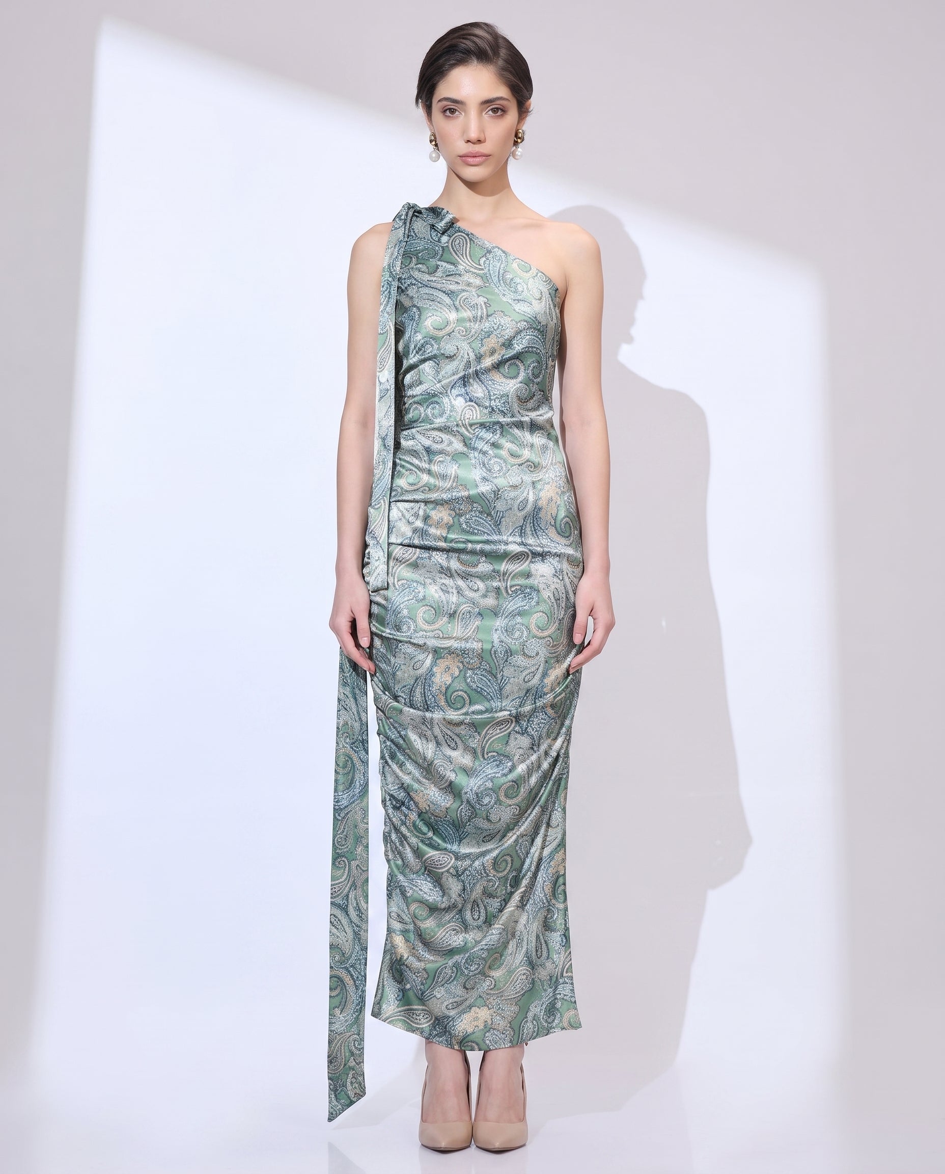 Khaki Mirage one-shoulder maxi gown, editorial look — INHAUTECOUTURE