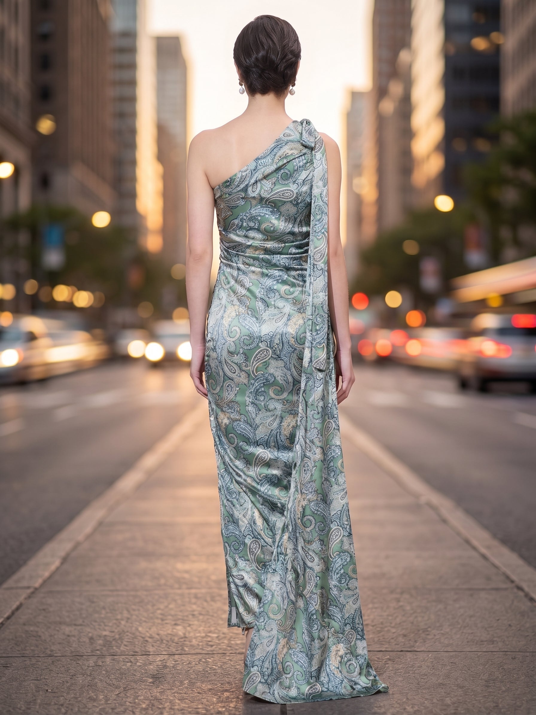 Khaki Mirage one-shoulder maxi gown, editorial detail — INHAUTECOUTURE