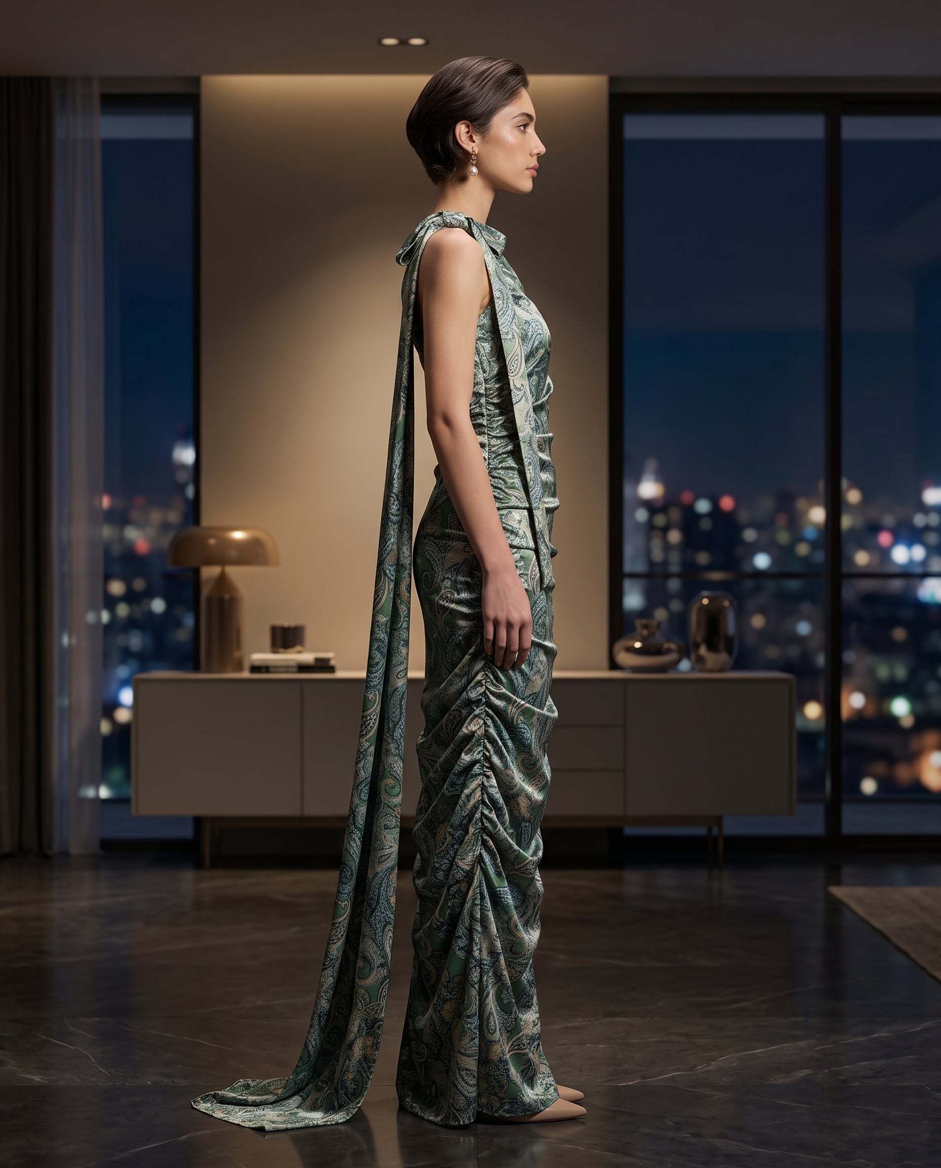 Image of Khaki Mirage one-shoulder maxi gown, side profile — INHAUTECOUTURE