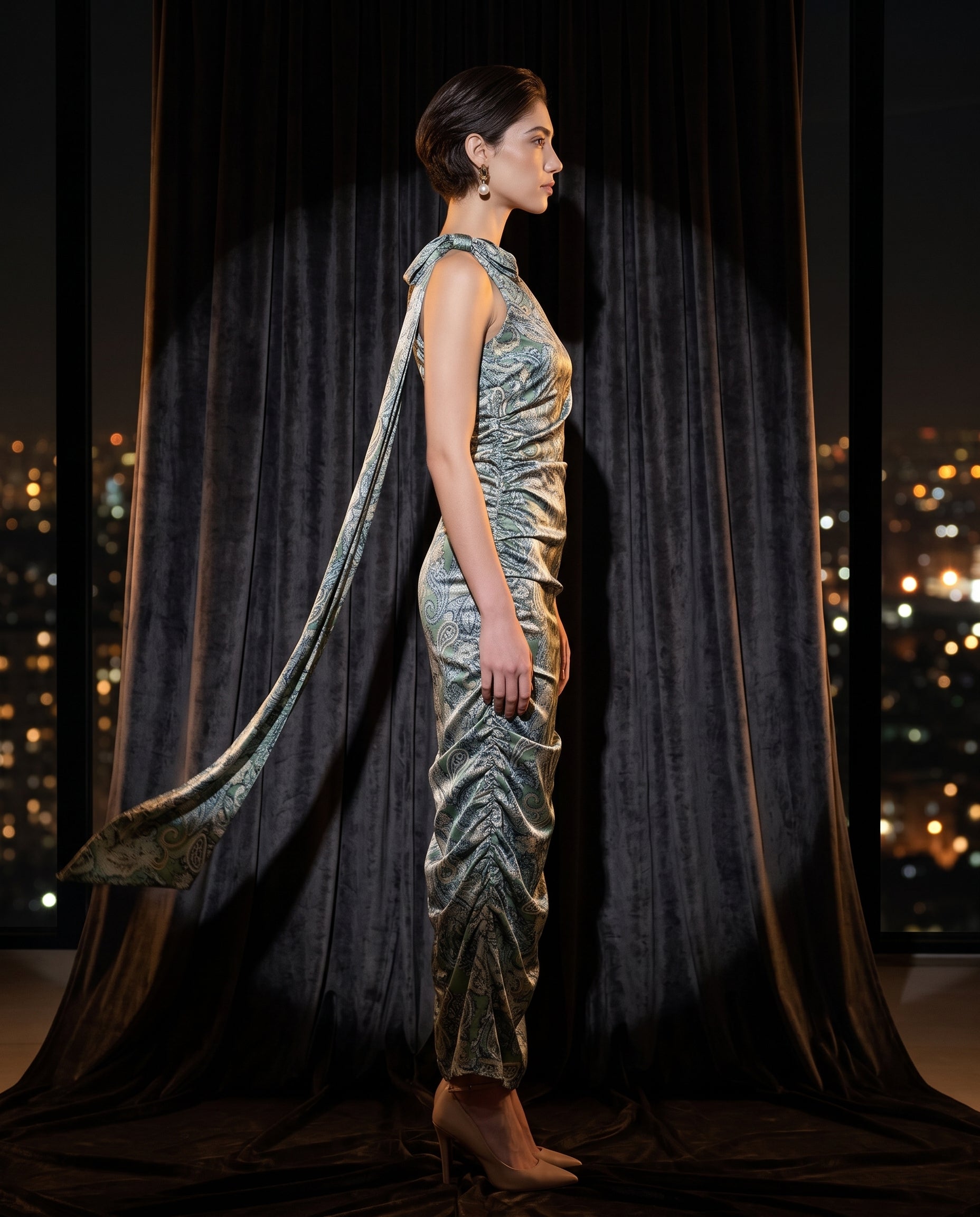 Image of Khaki Mirage one-shoulder maxi gown, side view — INHAUTECOUTURE