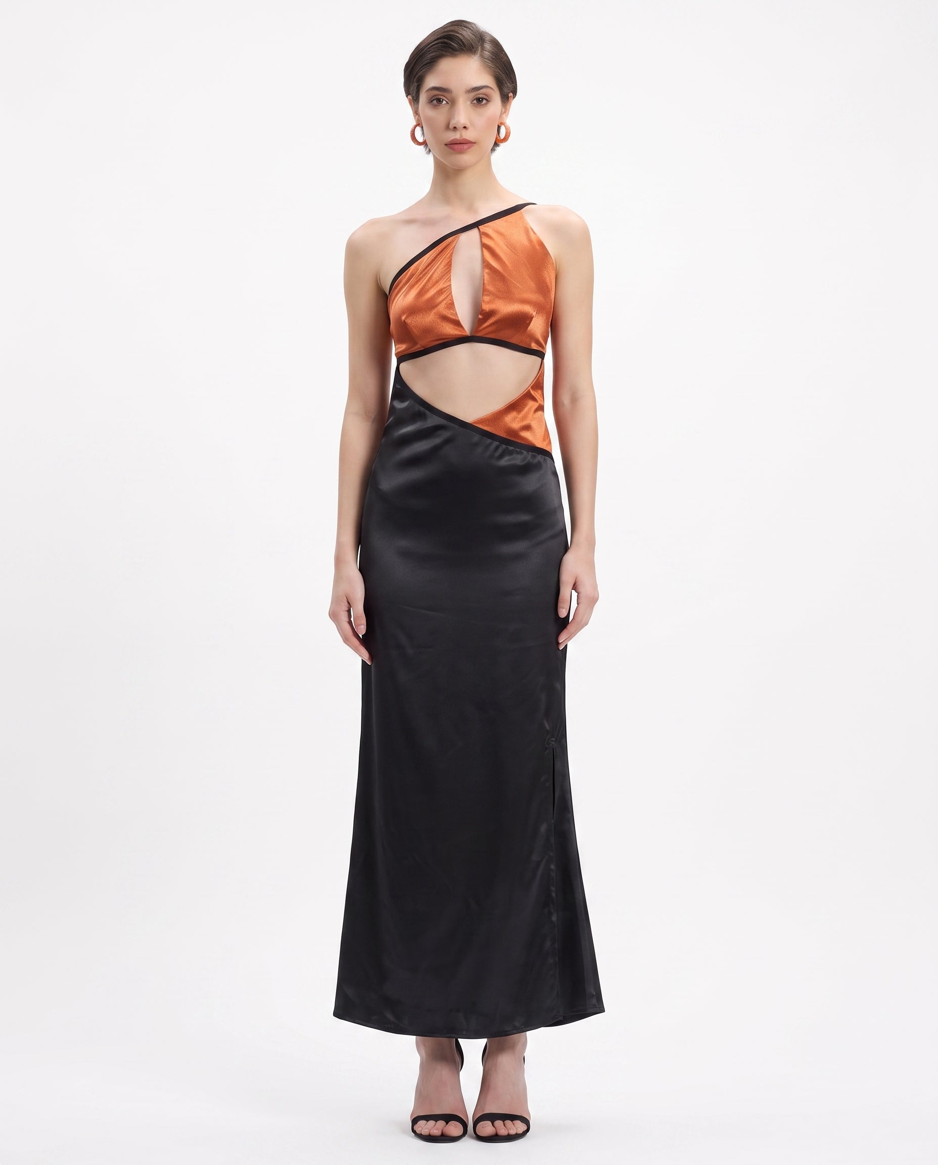 Liquid Onyx cowl-neck silk satin maxi gown, studio view — INHAUTECOUTURE