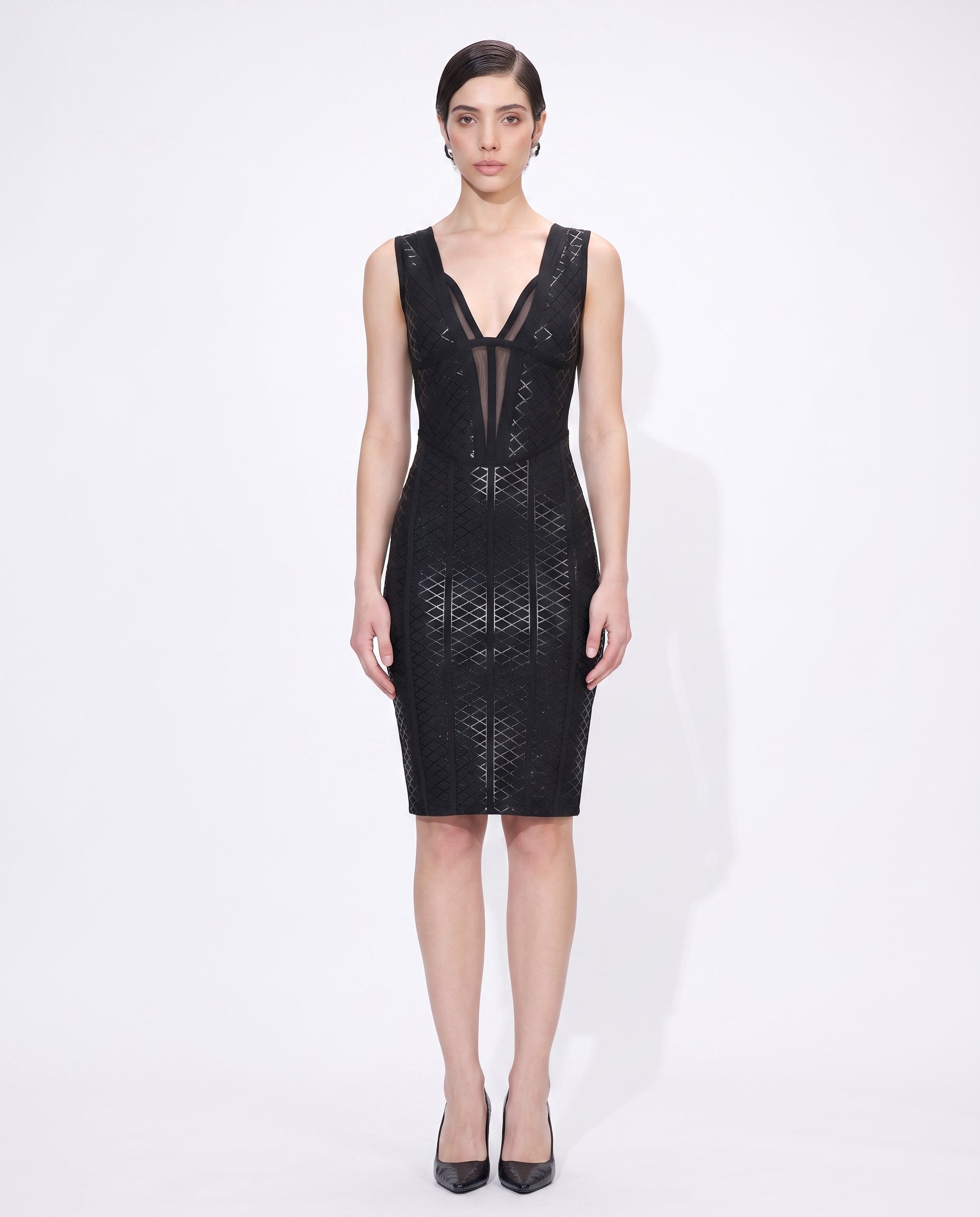 Mesh Geode geometric bandage midi dress, front look — INHAUTECOUTURE