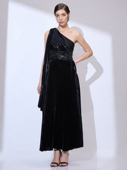 black metallic one shoulder dress Saturn Black Gown