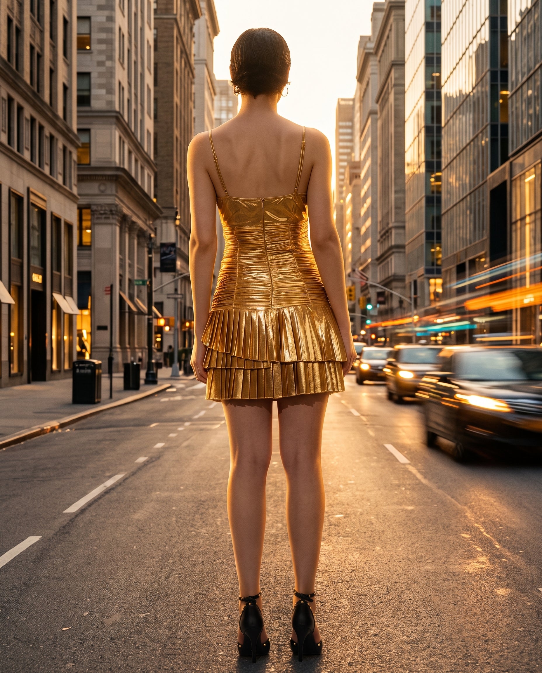 Image of Midas Ruffle gold bodycon mini dress, back view — INHAUTECOUTURE