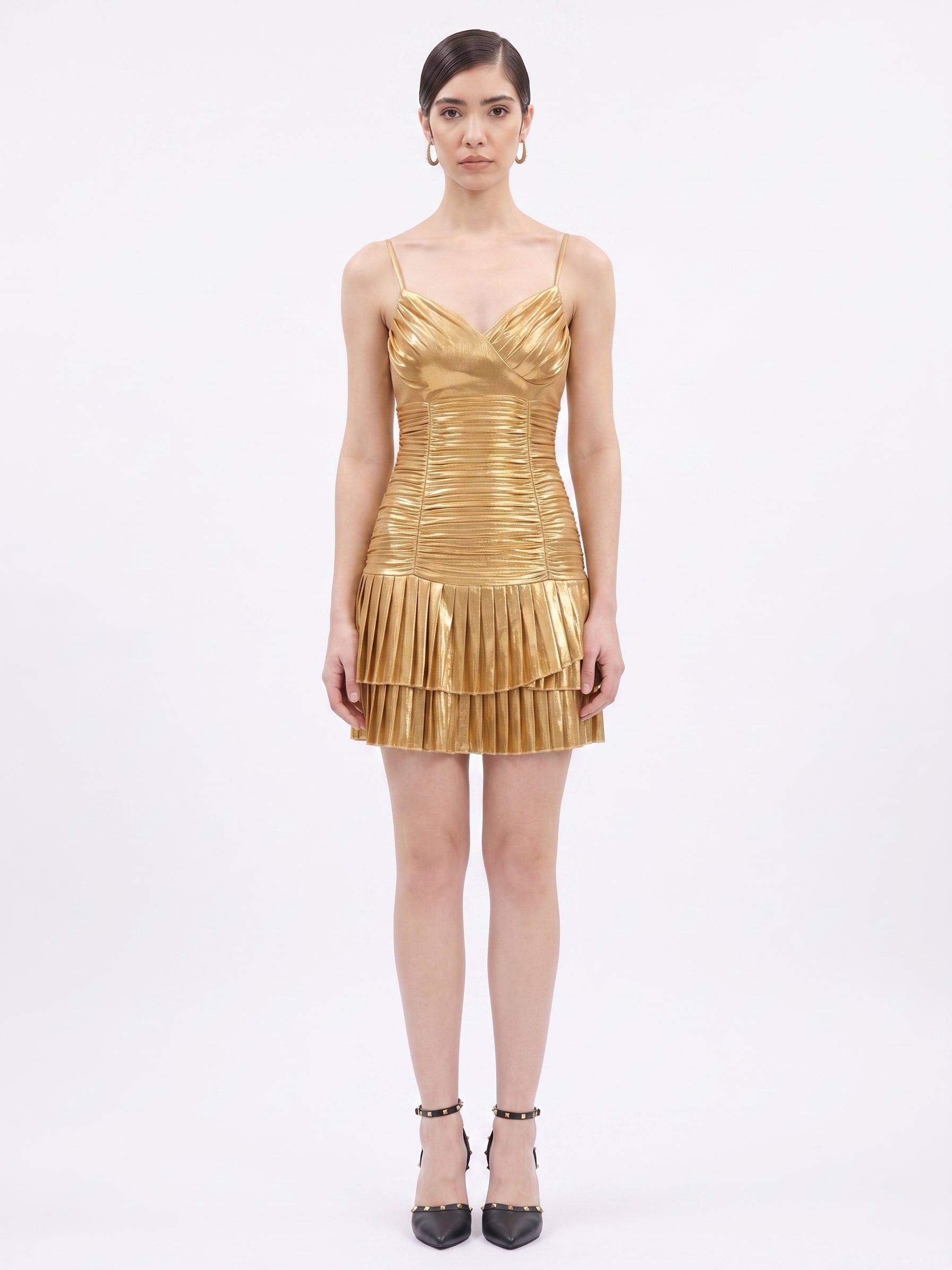Midas Ruffle gold bodycon mini dress, front look — INHAUTECOUTURE