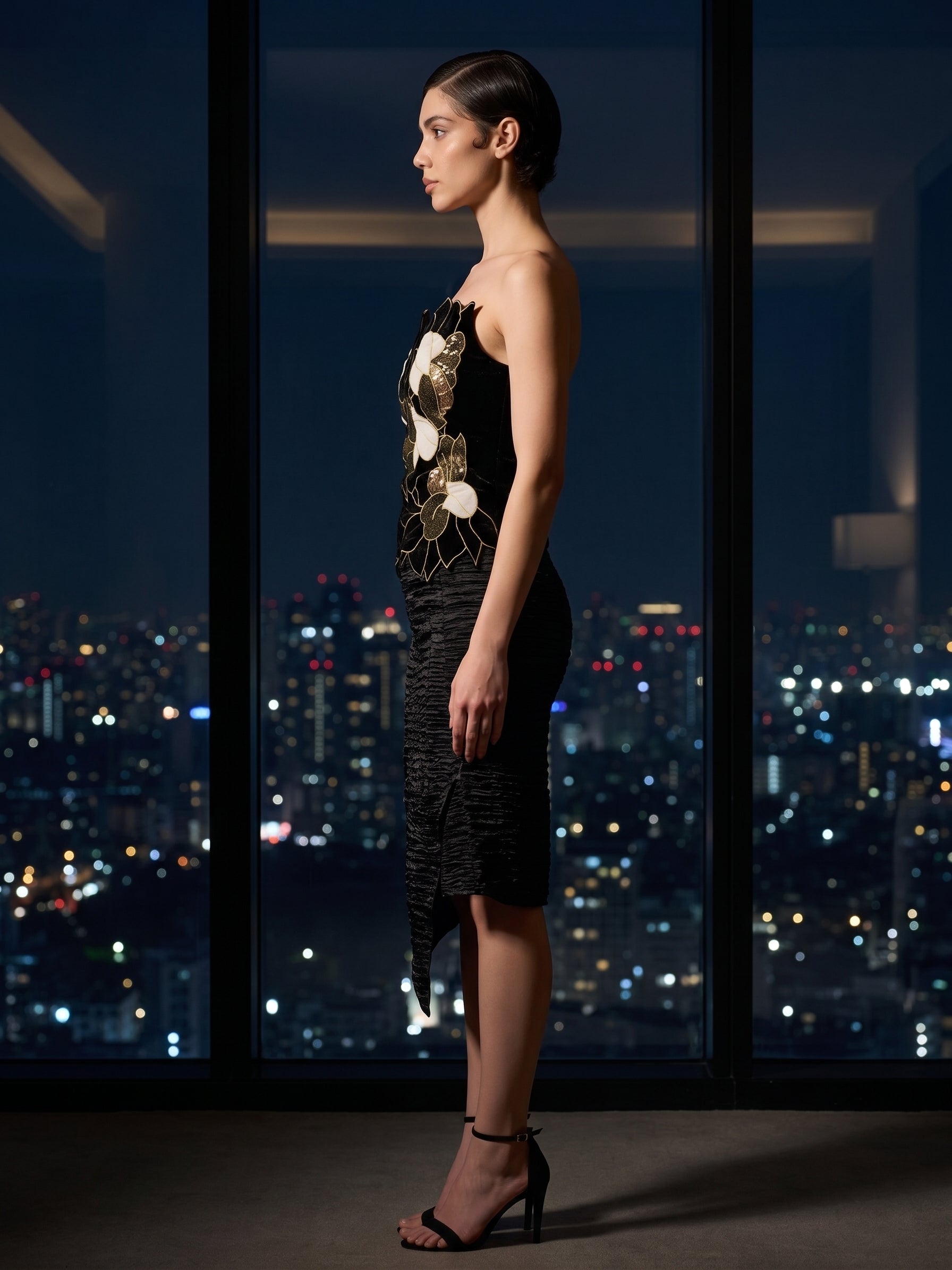 The Midnight Empress strapless dress, side view — INHAUTECOUTURE