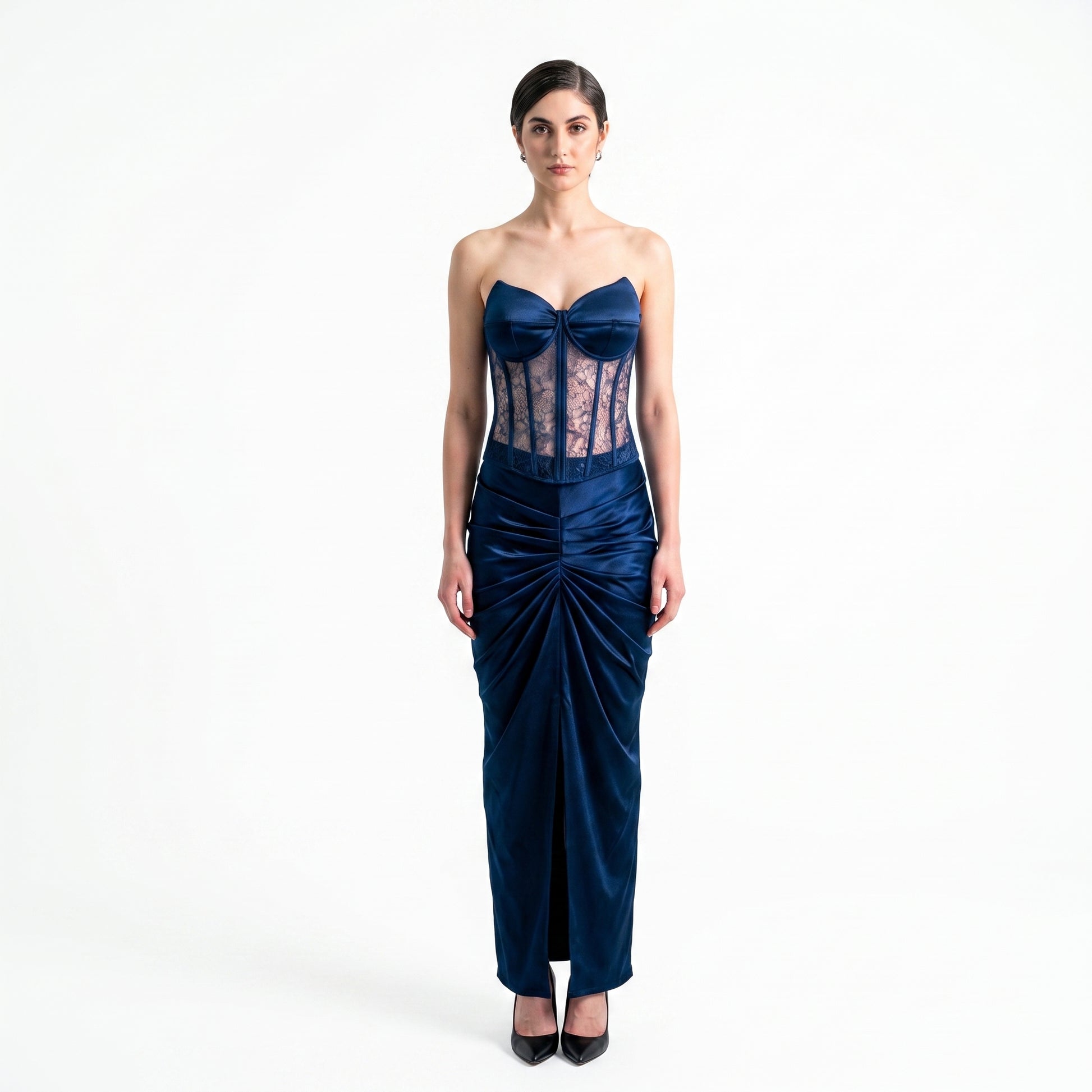 Midnight Siren mermaid gown, front view — INHAUTECOUTURE