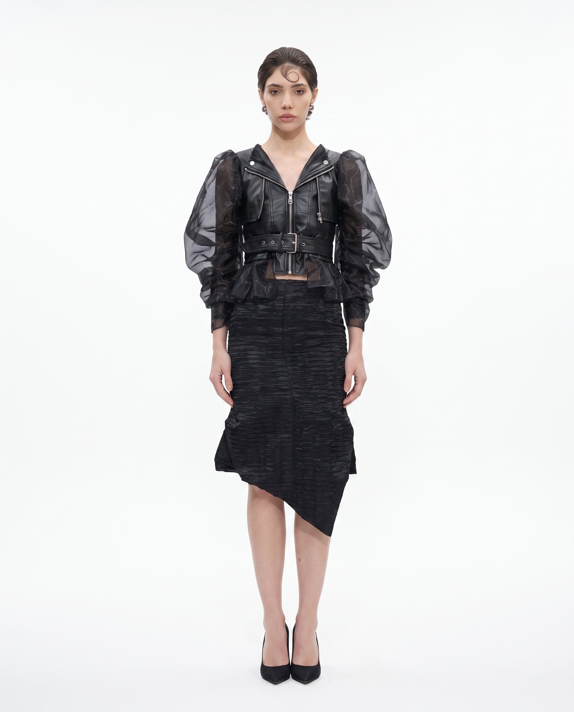 Image of Organza Rogue leather biker jacket, front look — INHAUTECOUTURE