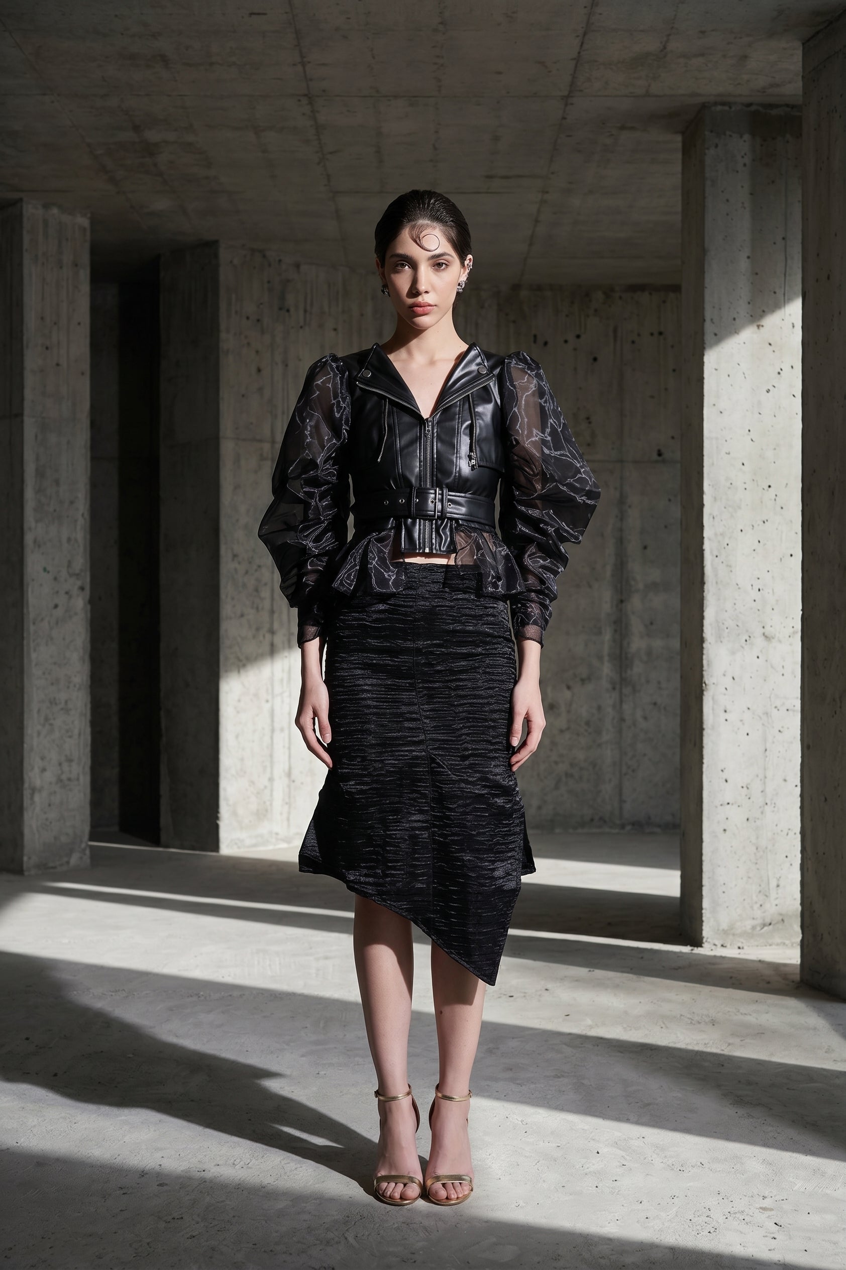 Organza Rogue leather biker jacket, front view — INHAUTECOUTURE
