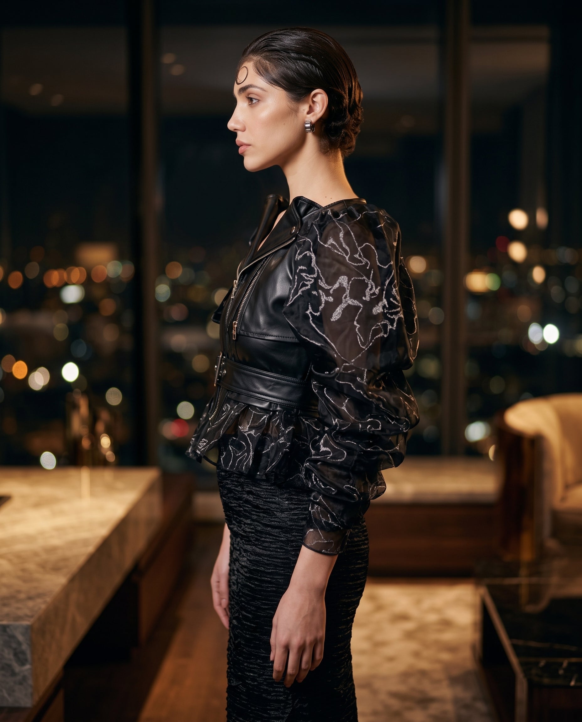 Image of Organza Rogue leather biker jacket, side view — INHAUTECOUTURE