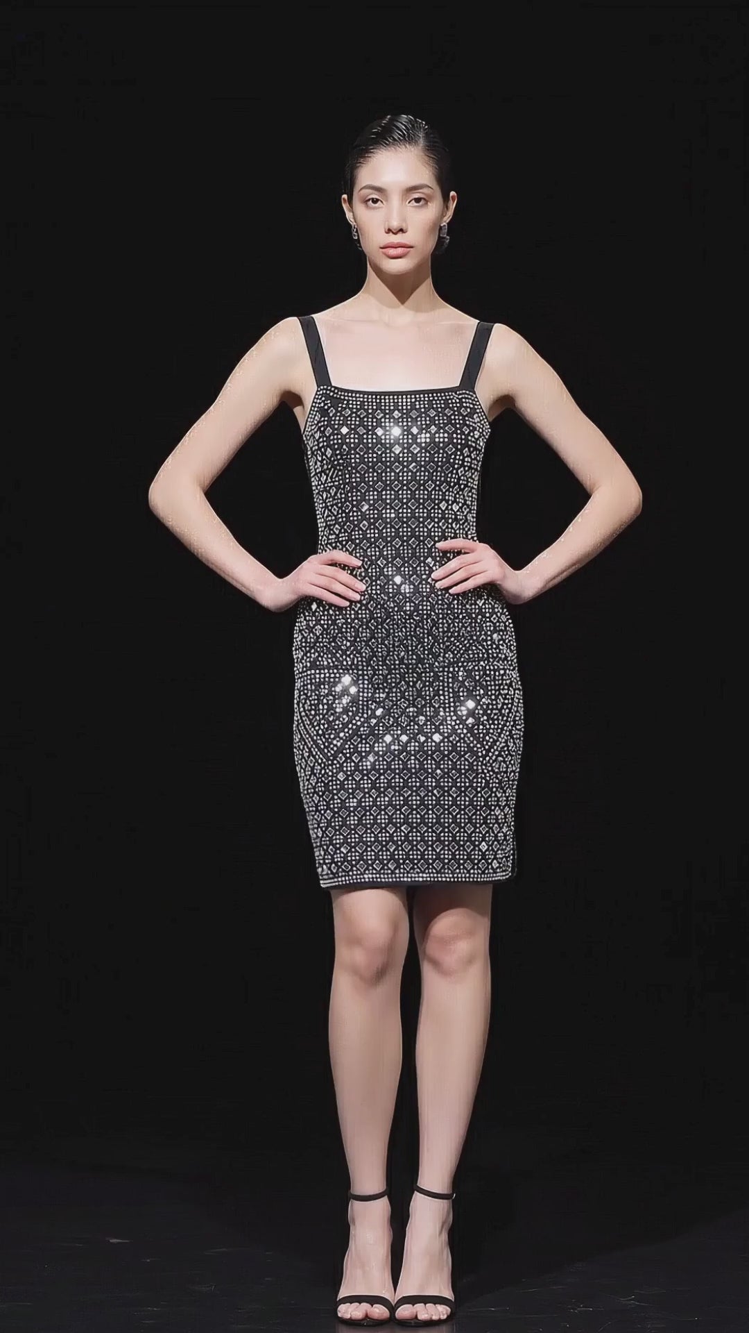 Chrome Cipher Mini — silver geometric sequin mini dress, studio video by INHAUTECOUTURE