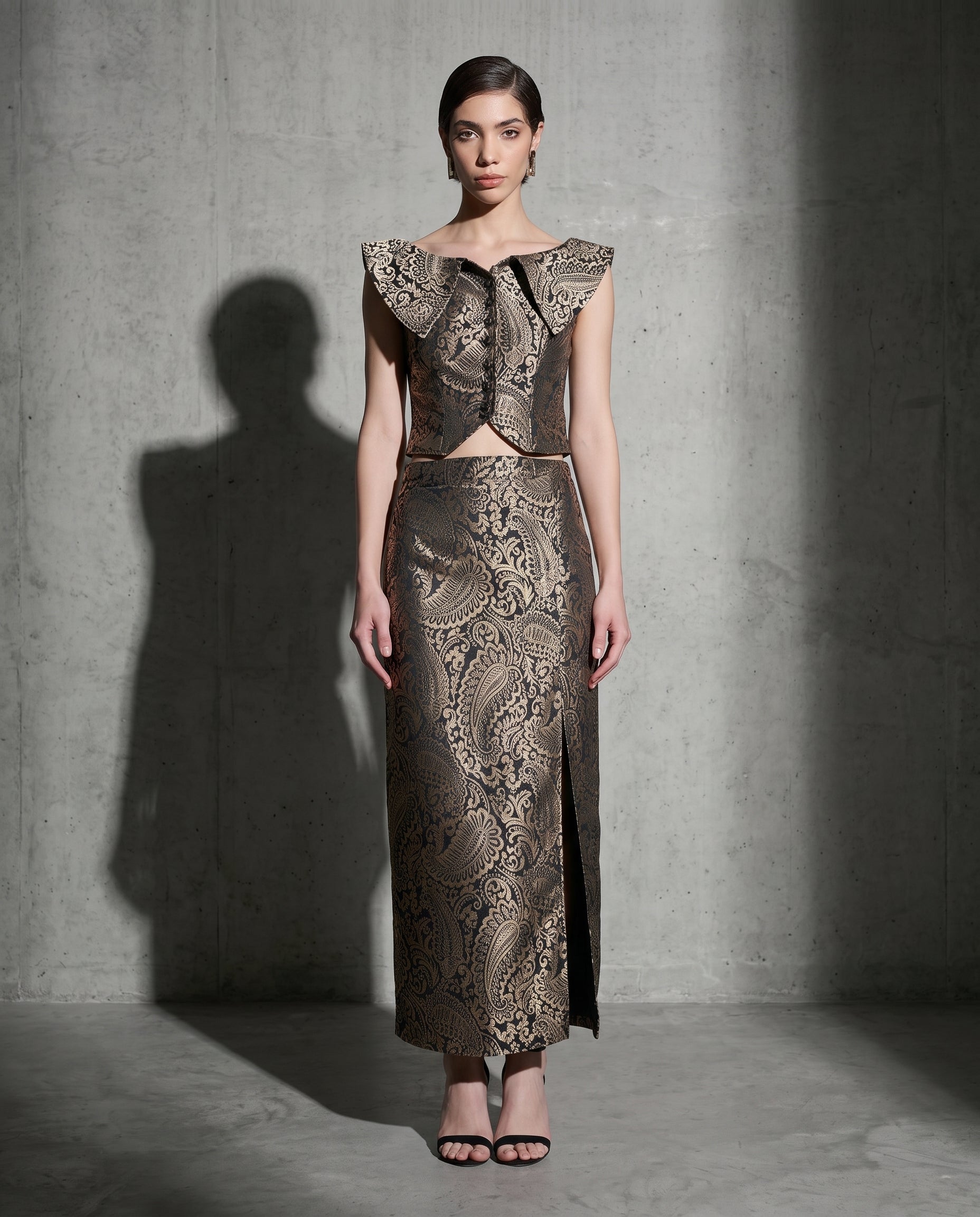 Regal Brocade co-ord set, editorial look — INHAUTECOUTURE