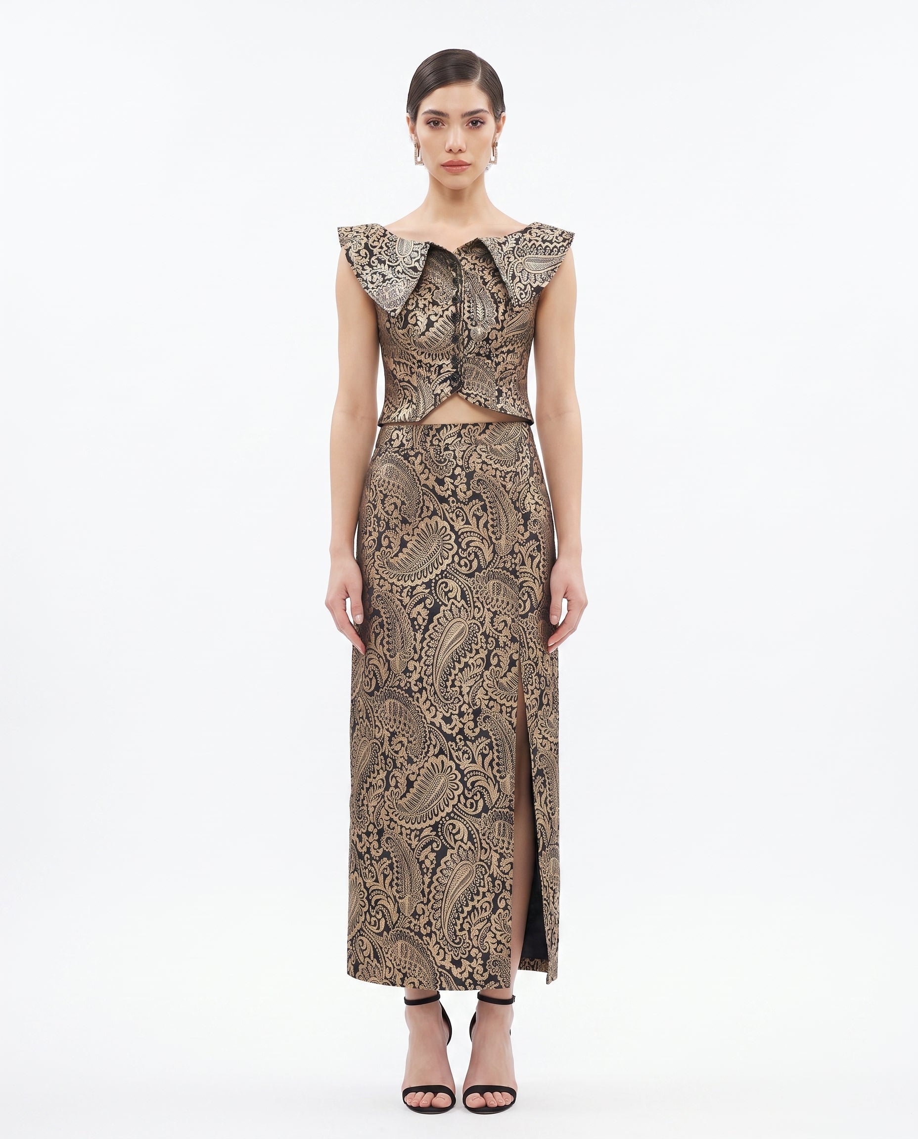 Image of Regal Brocade black and gold paisley co-ord set, front view — INHAUTECOUTURE