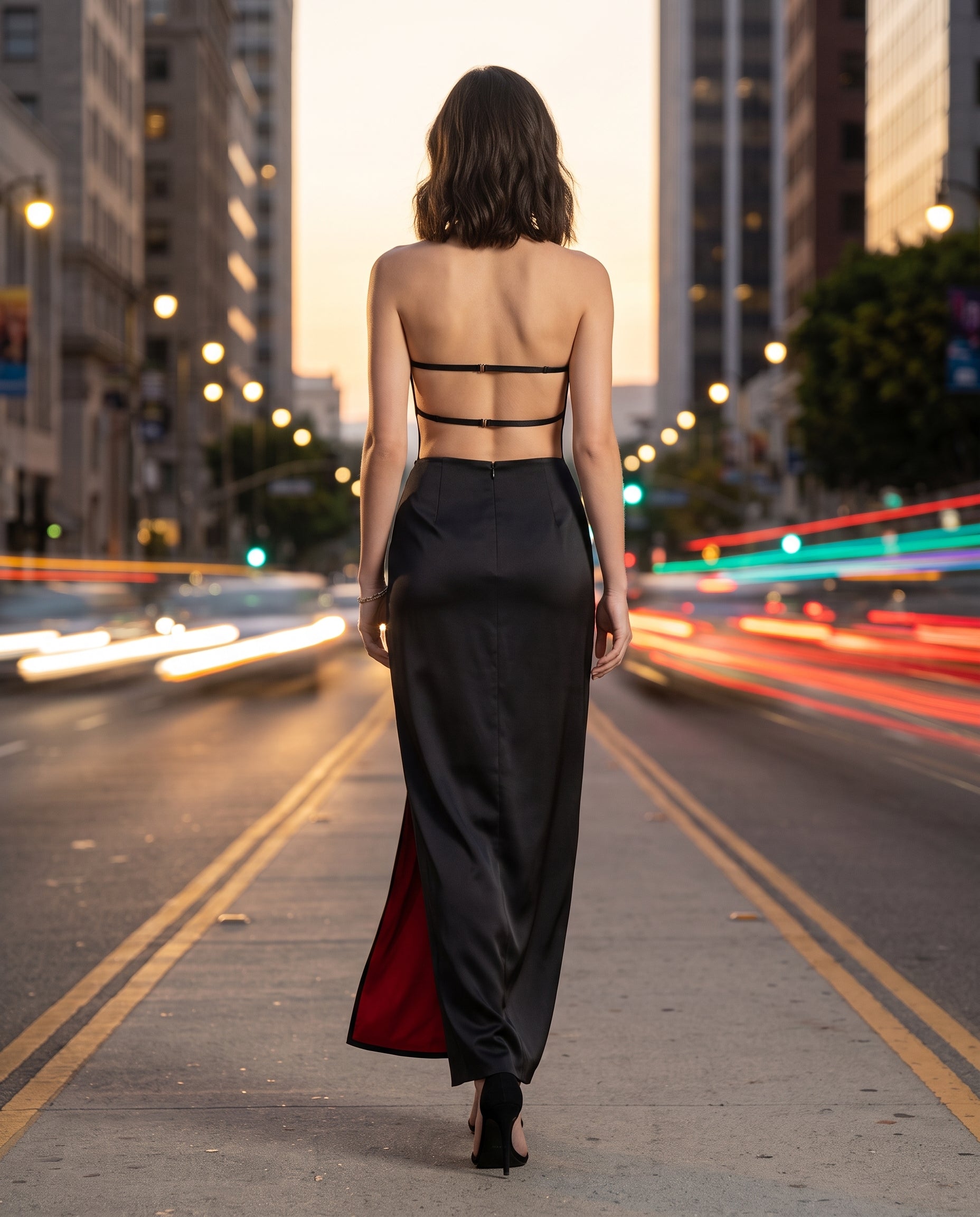 Image of Scarlet Contrast black satin gown, editorial detail — INHAUTECOUTURE