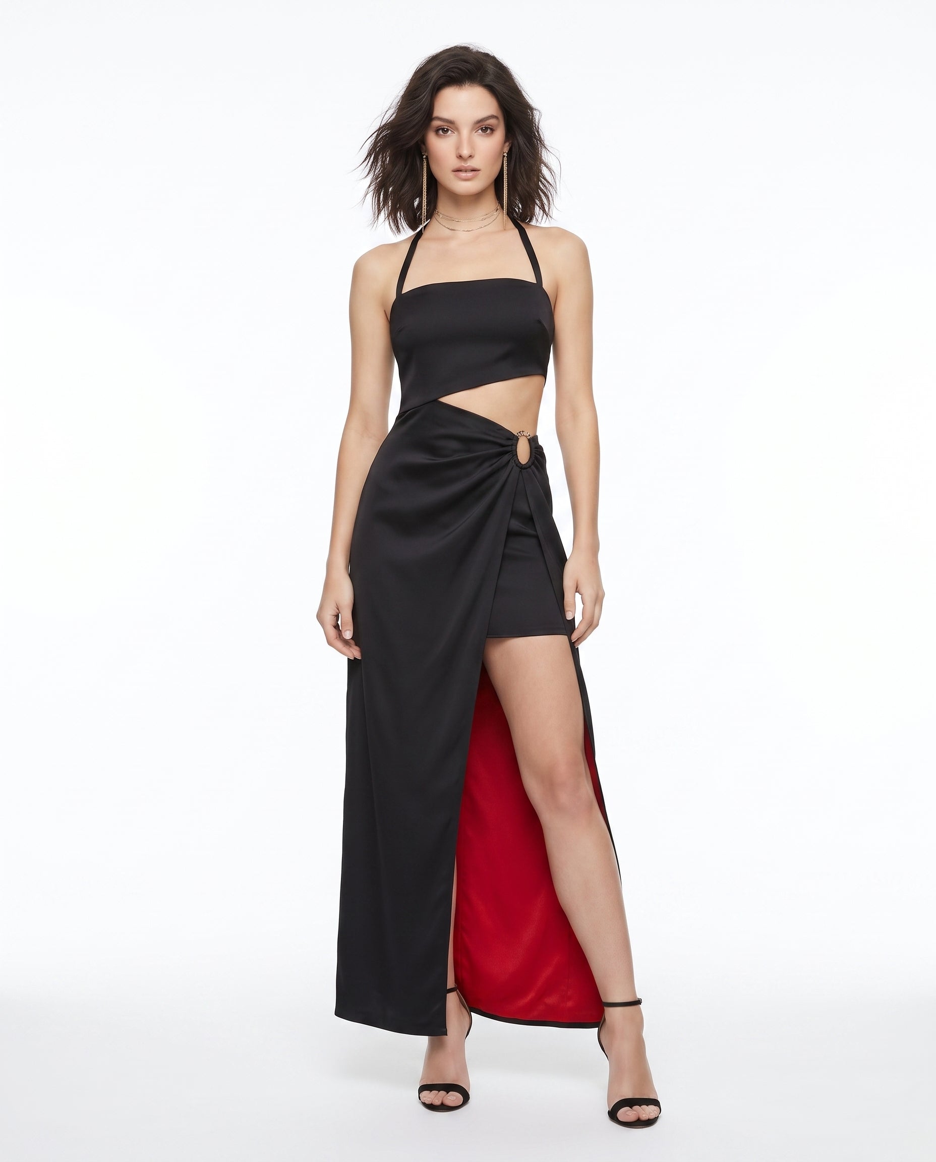 Scarlet Contrast black satin gown, front look — INHAUTECOUTURE