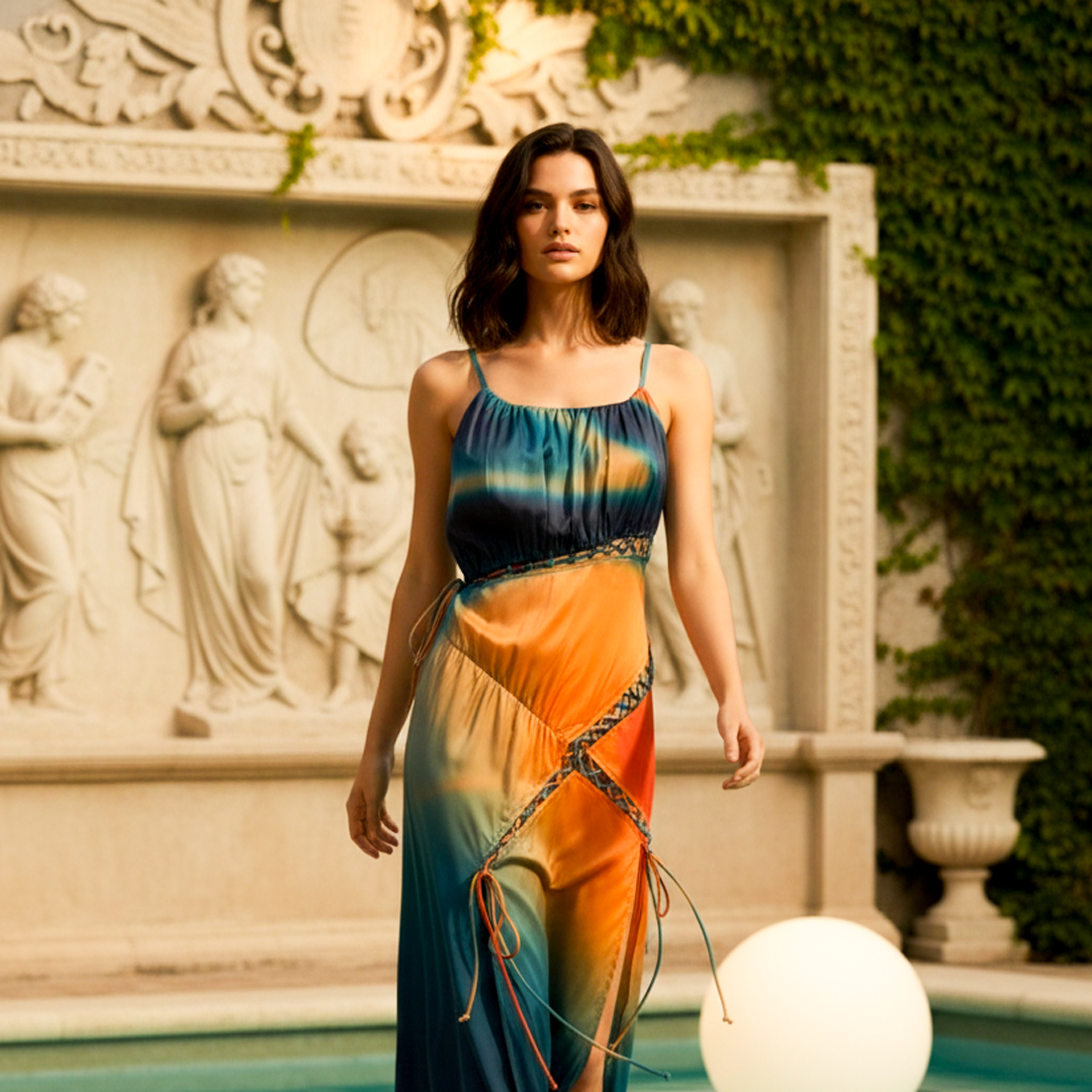 Looking straight in a teal and orange ombre silk resort gown with spaghetti straps and lace-up side slit.
