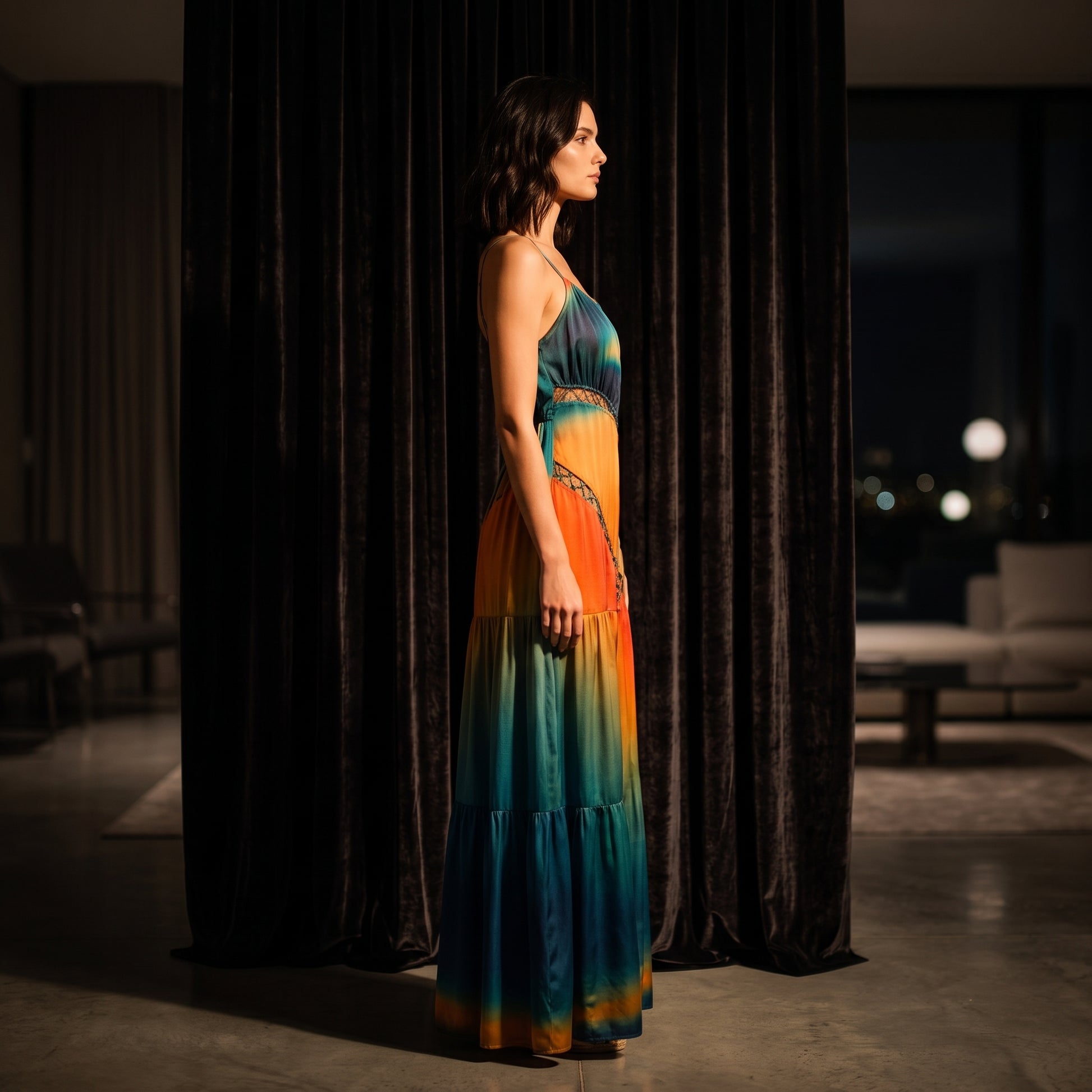 Sunset Nomad ombre maxi dress, editorial detail — INHAUTECOUTURE