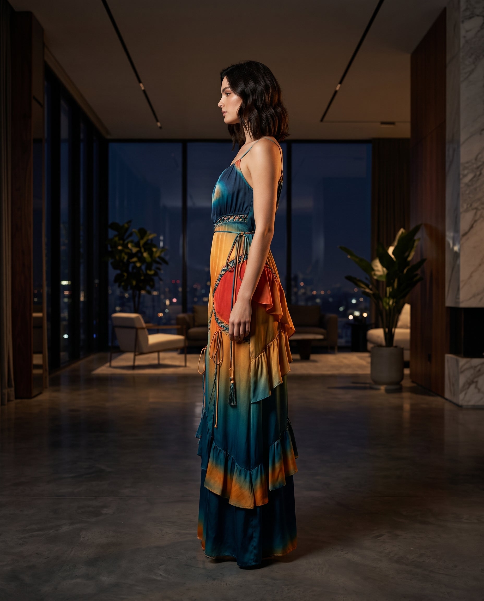 Image of Sunset Nomad ombre spaghetti-strap maxi dress, front view — INHAUTECOUTURE