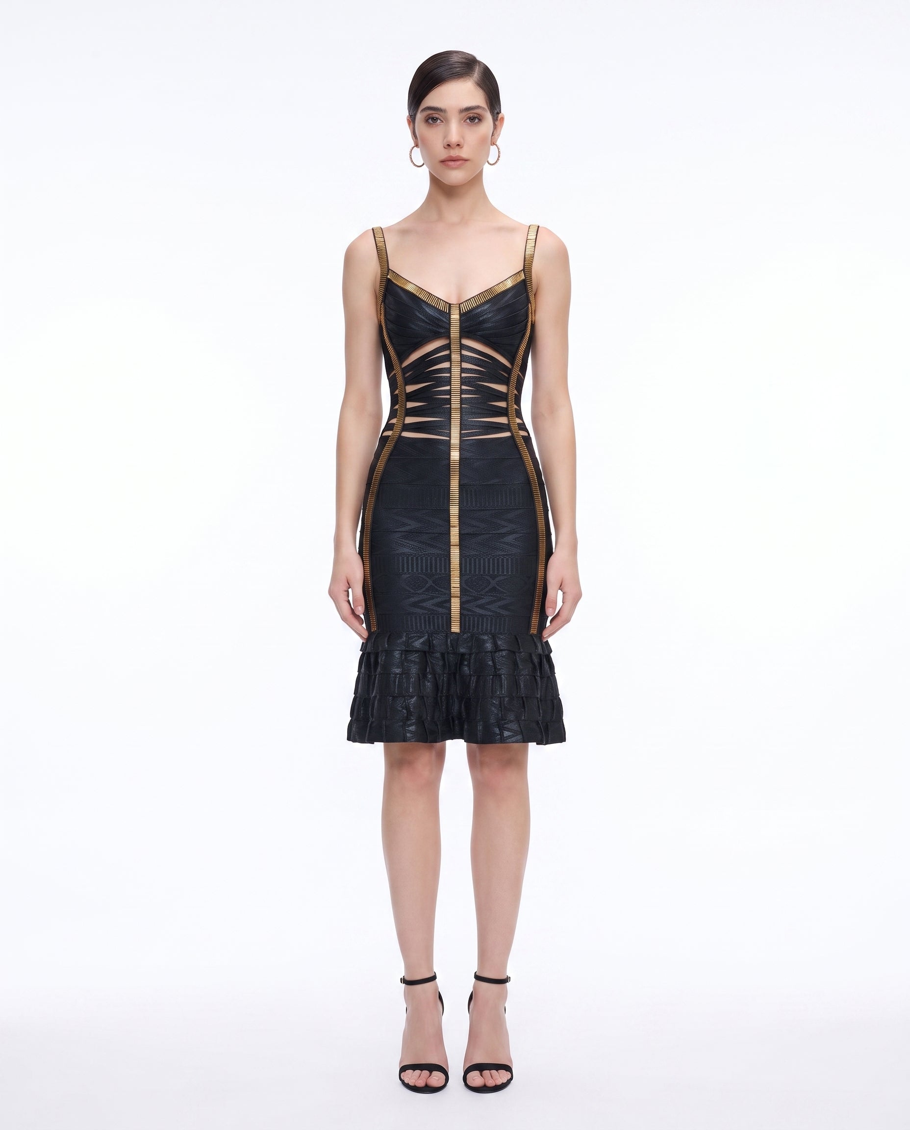 Image of Black and Gold Tier mini bandage dress, front view — INHAUTECOUTURE