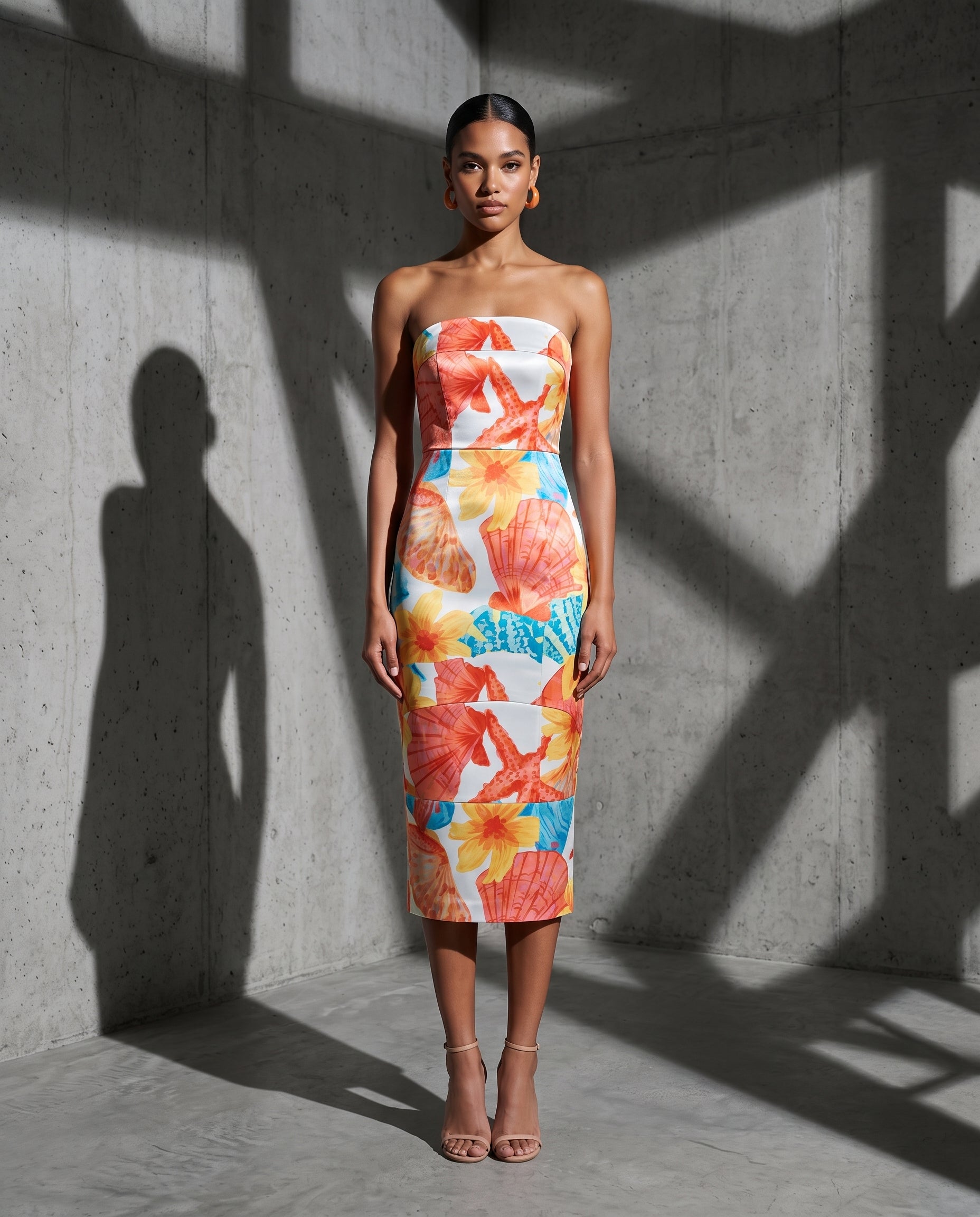 Image of Capri Shell strapless seashell-print resort midi dress, front view — INHAUTECOUTURE