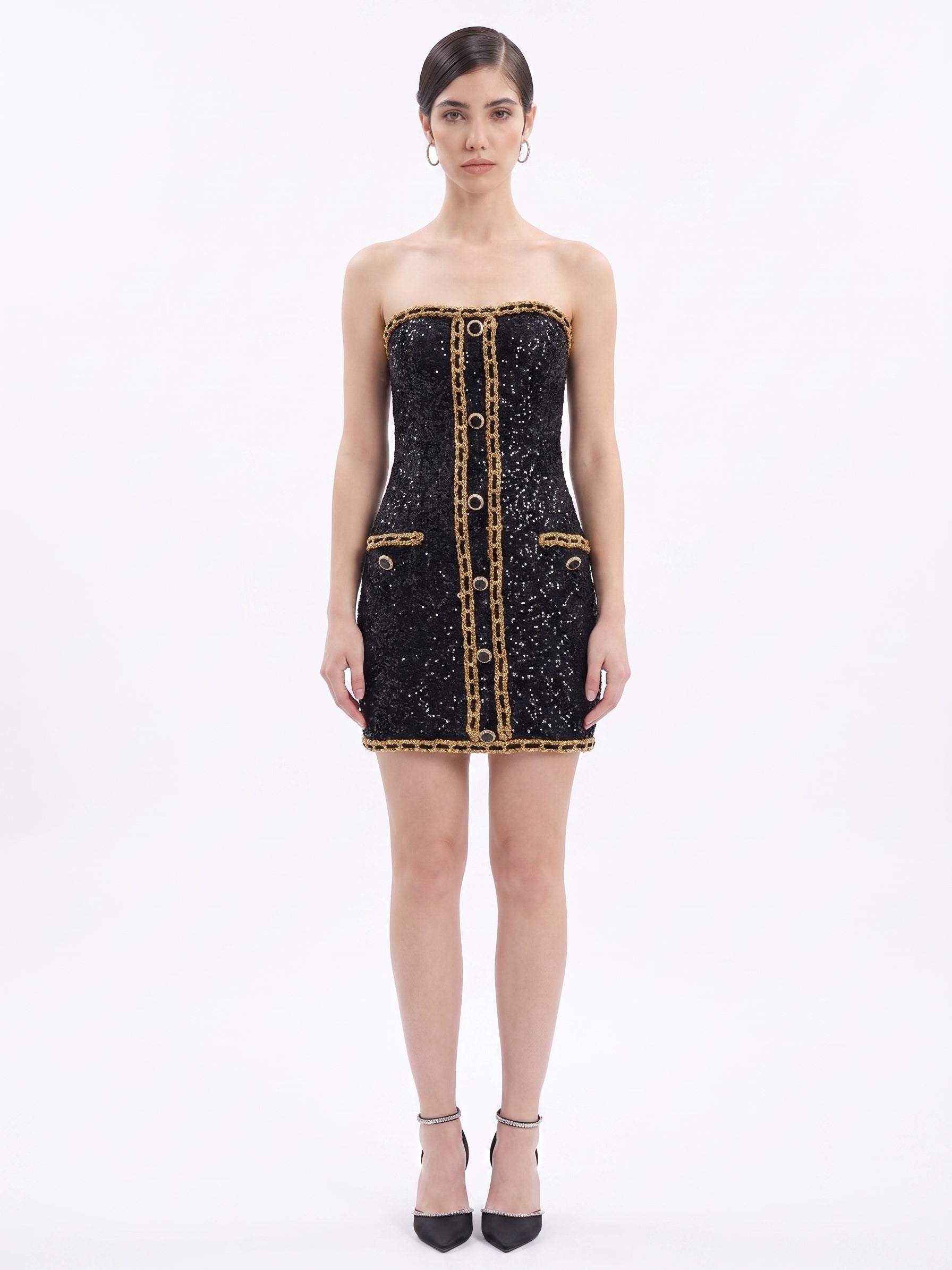 Couture Chain black sequin strapless mini dress with gold chain, front view — INHAUTECOUTURE