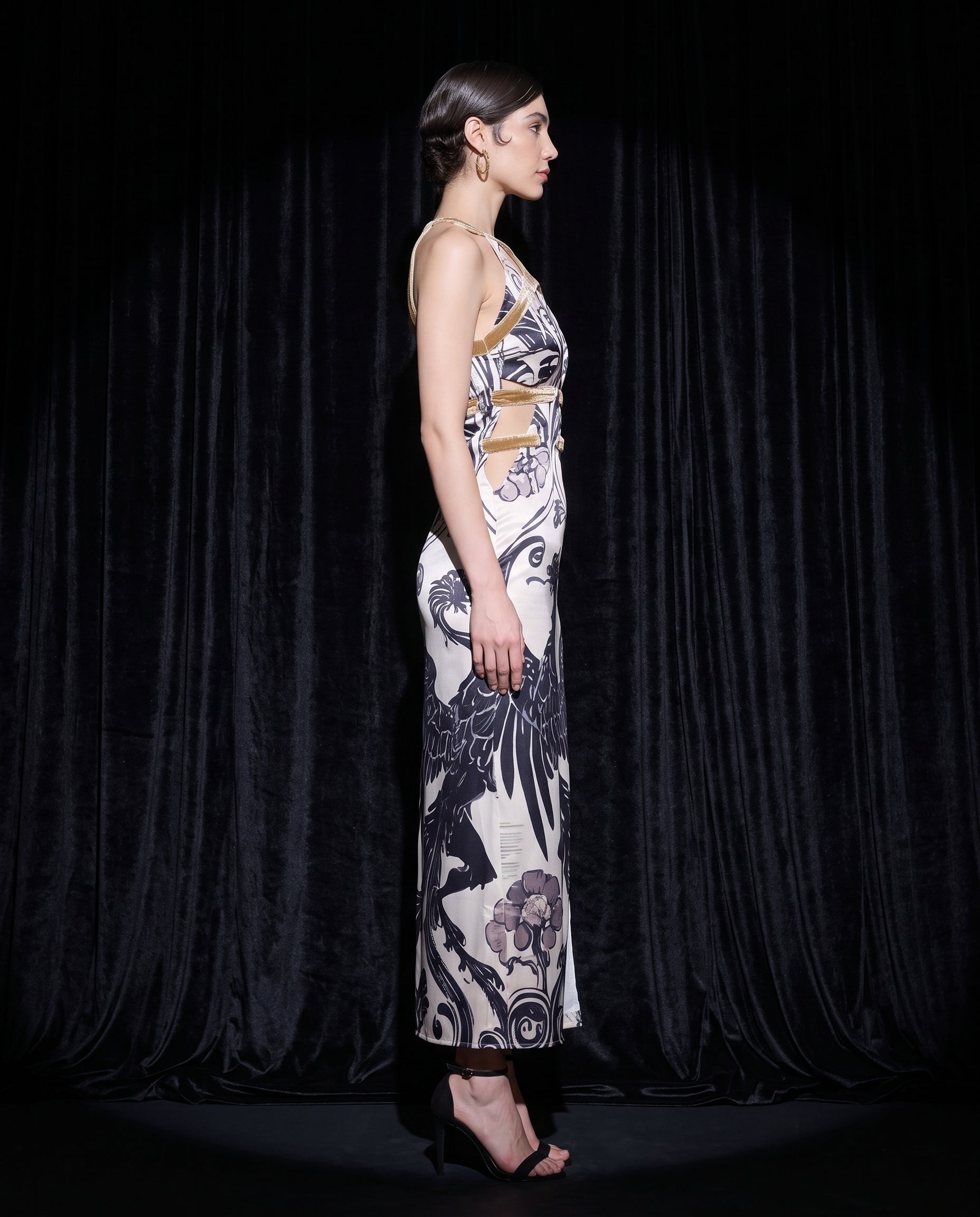 Image of The Phoenix Plunge dragon-print halter gown, detail — INHAUTECOUTURE