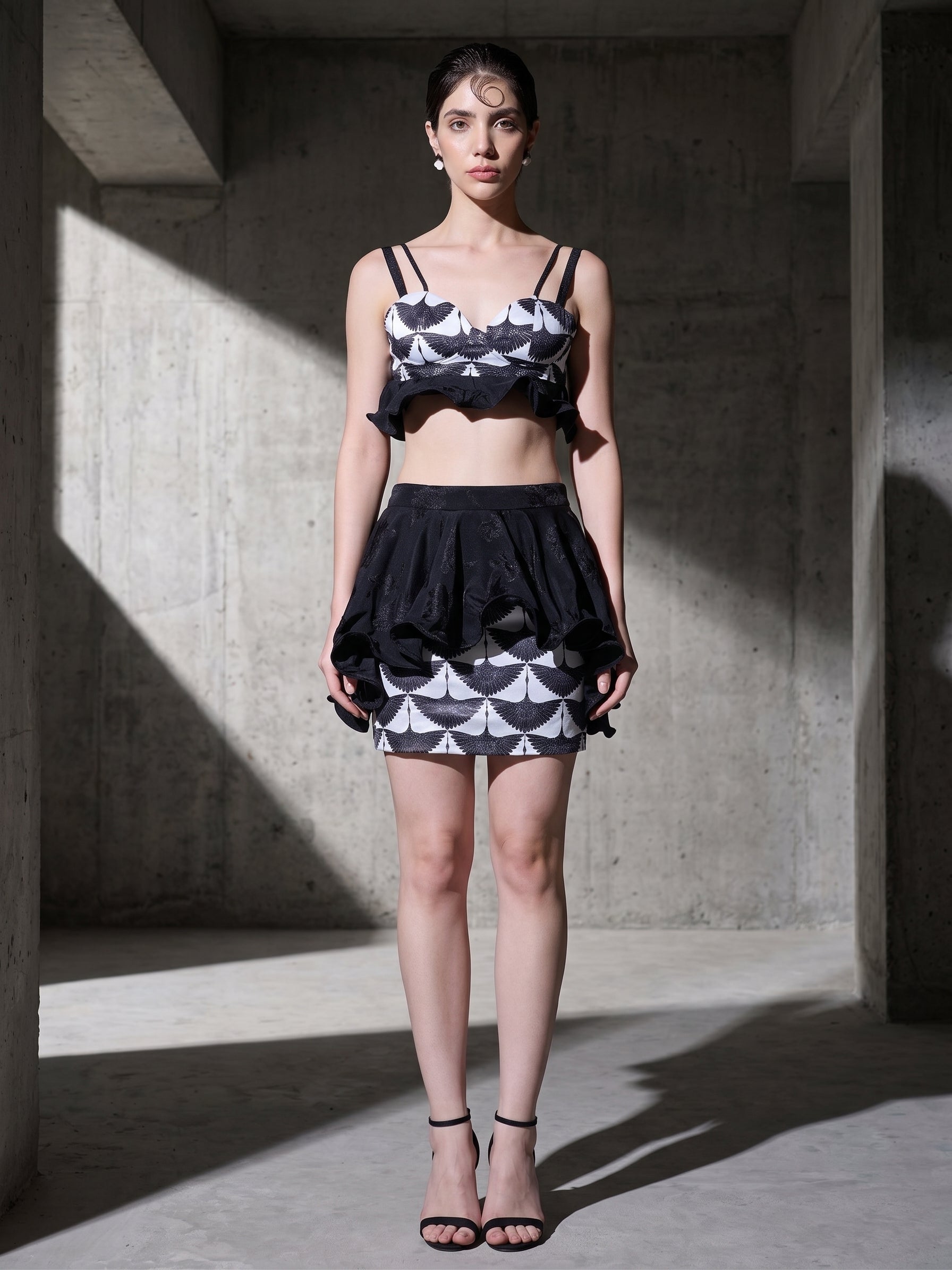 Scallop Noir black and white ruffle co-ord set, front view — INHAUTECOUTURE