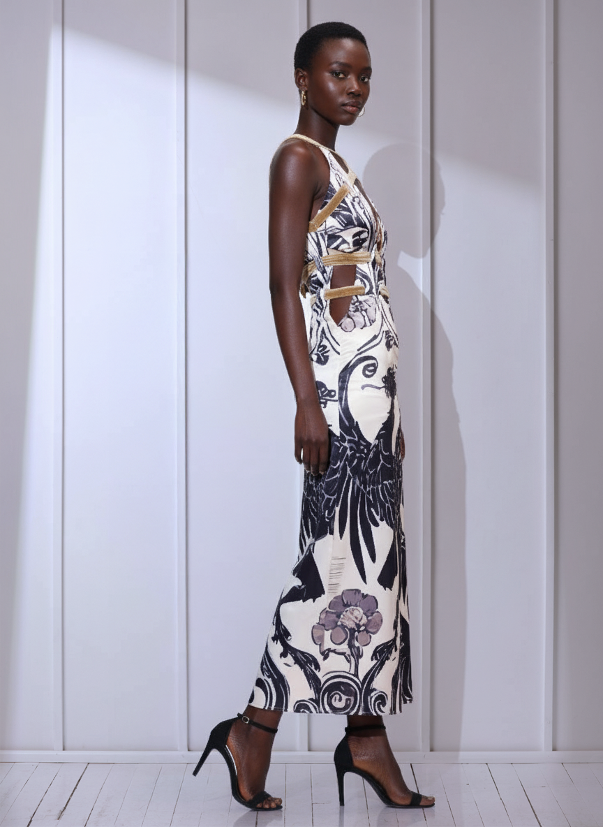 Image of Side angle view facing front in a white maxi dress with a plunge V-neck, cage halter straps, and a high slit