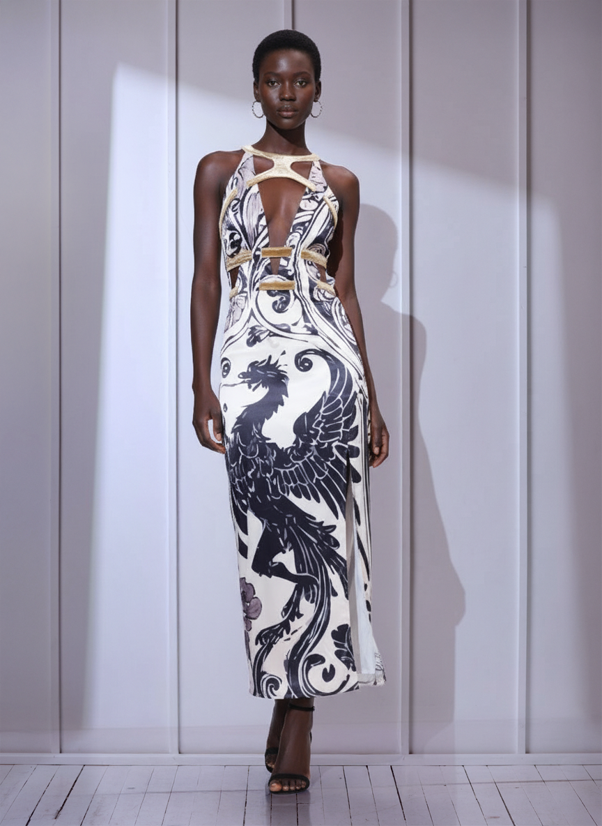 Image of Full body view in a white maxi gown with a plunge V-neck, cage halter straps, and a high slit